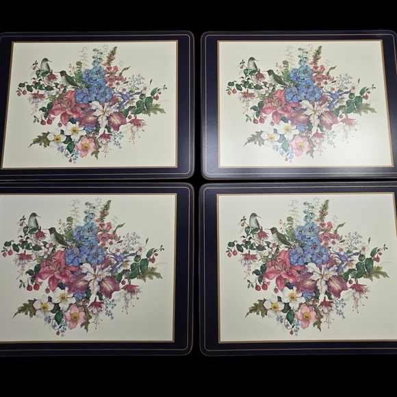Vintage PIMPERNEL Cork Backed Placemats Hummingbirds & Flowers Navy Blue Trim - Picture 1 of 11